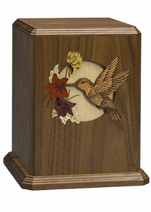 walnut cremation urn with inlaid wooden hummingbird scene